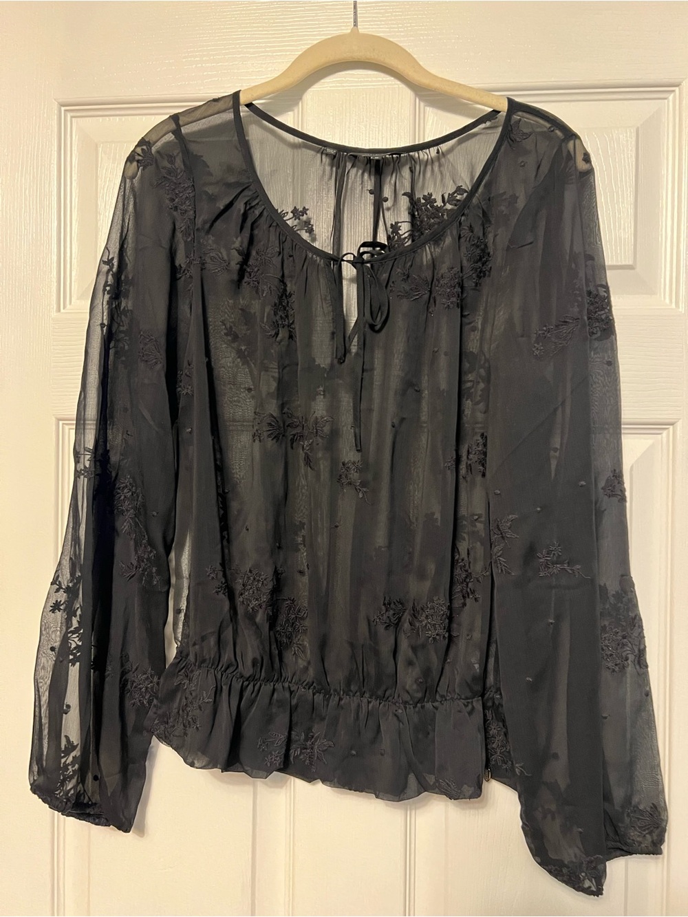 Guess Black Sheer Embroidered Tie-Neck Blouse